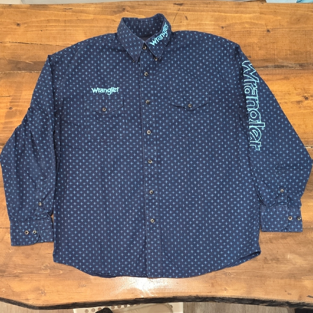 Wrangler Men’s Navy Button Down Shirt | Teal Logo Western‎ Shirt | Size L
